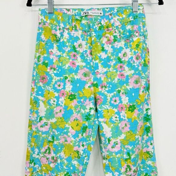 Zara Colorful Floral Retro Inspired Linen Blend High Rise Cropped Ankle Pants - Picture 9 of 16